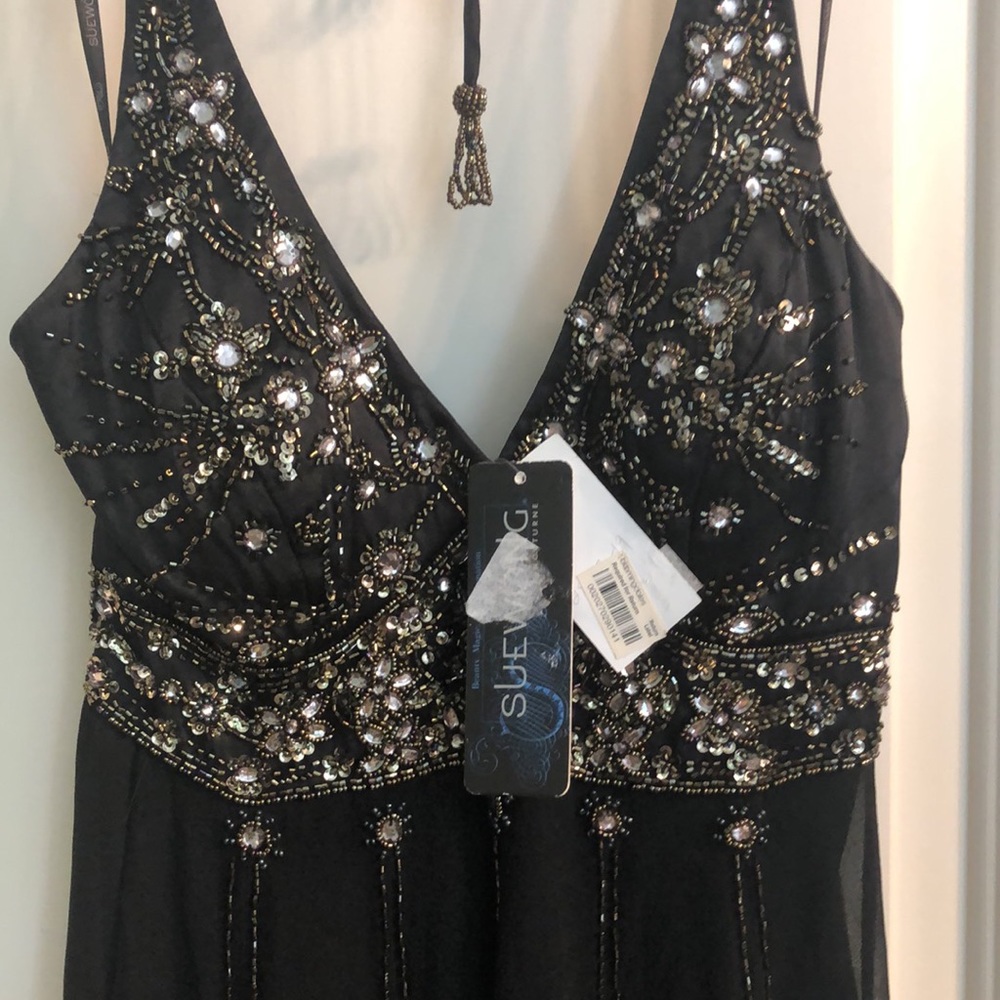 Sue Wong NWT Black Silk Beaded Halter Dress Size 6